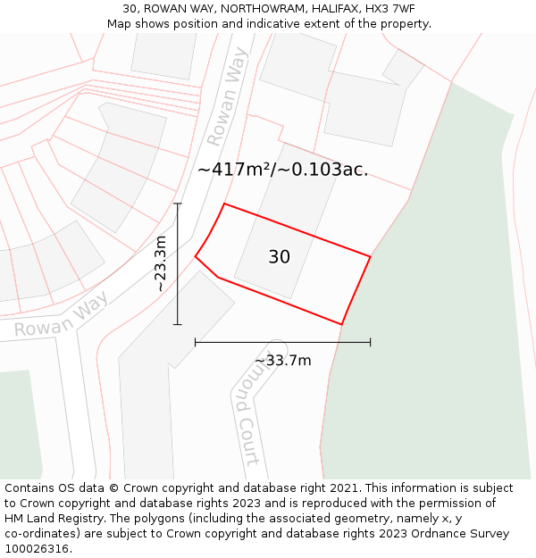 30, ROWAN WAY, NORTHOWRAM, HALIFAX, HX3 7WF: Plot and title map