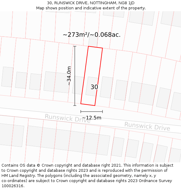 30, RUNSWICK DRIVE, NOTTINGHAM, NG8 1JD: Plot and title map