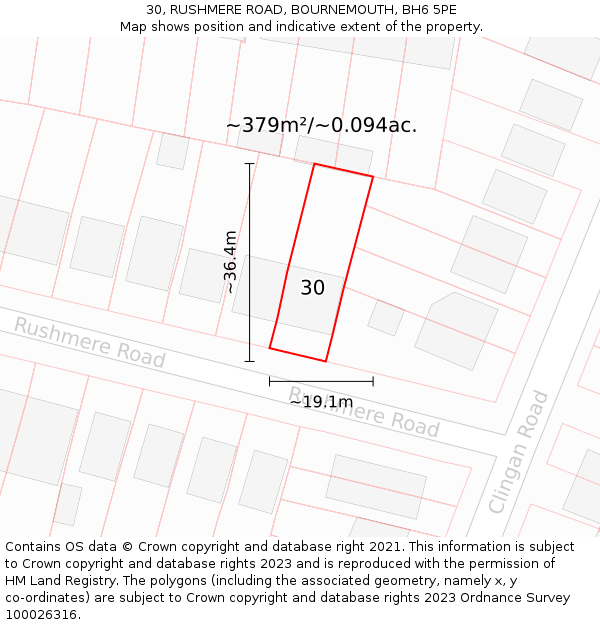 30, RUSHMERE ROAD, BOURNEMOUTH, BH6 5PE: Plot and title map