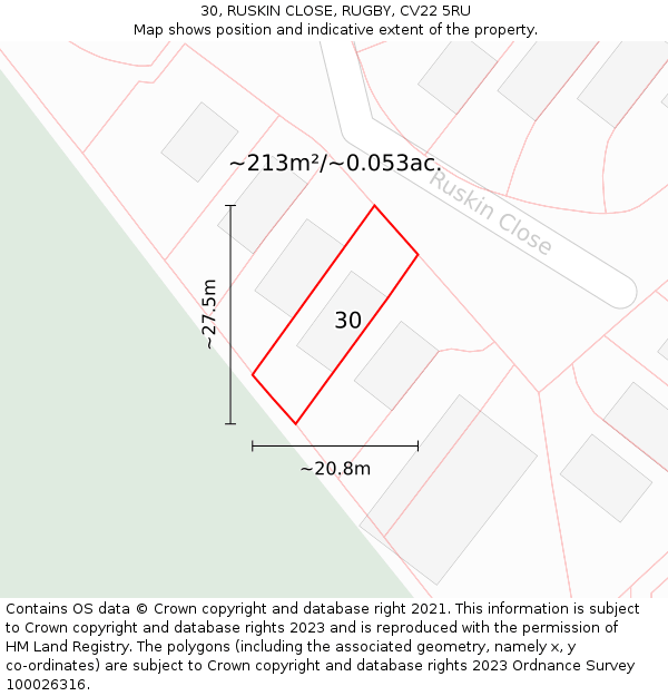 30, RUSKIN CLOSE, RUGBY, CV22 5RU: Plot and title map