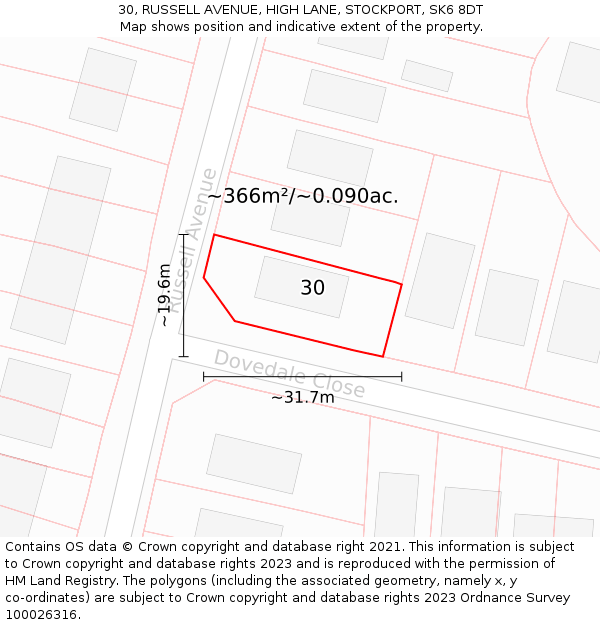 30, RUSSELL AVENUE, HIGH LANE, STOCKPORT, SK6 8DT: Plot and title map