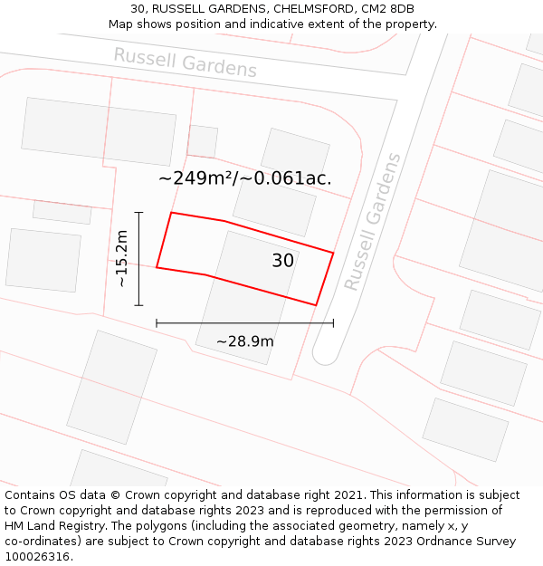 30, RUSSELL GARDENS, CHELMSFORD, CM2 8DB: Plot and title map