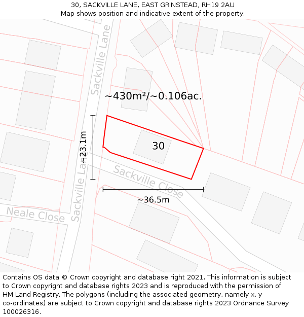 30, SACKVILLE LANE, EAST GRINSTEAD, RH19 2AU: Plot and title map