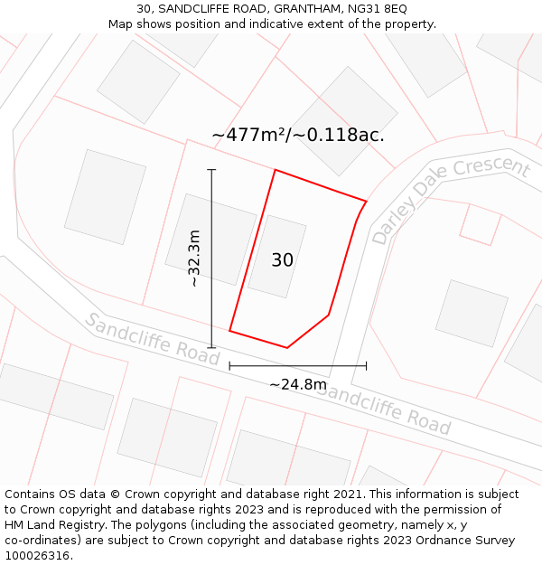 30, SANDCLIFFE ROAD, GRANTHAM, NG31 8EQ: Plot and title map
