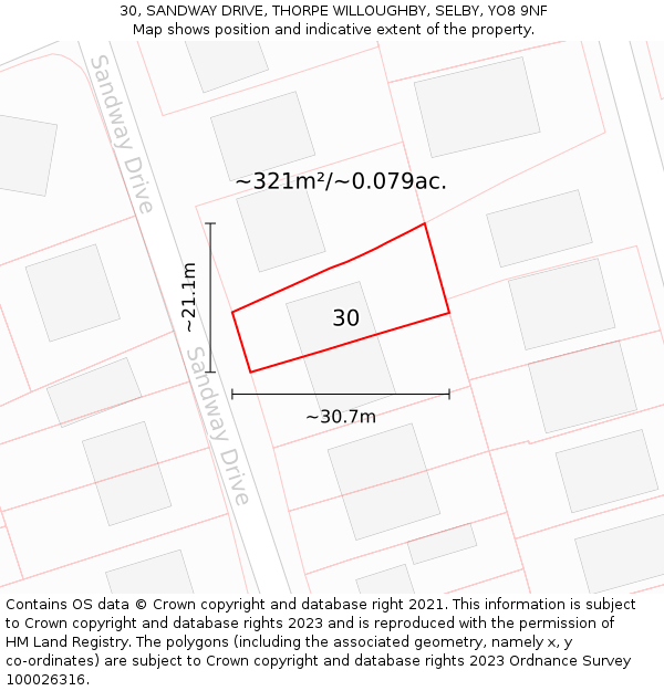 30, SANDWAY DRIVE, THORPE WILLOUGHBY, SELBY, YO8 9NF: Plot and title map