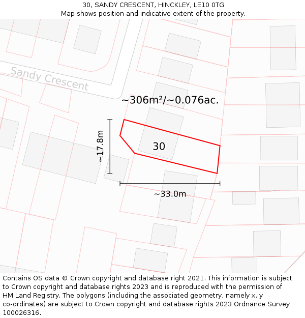 30, SANDY CRESCENT, HINCKLEY, LE10 0TG: Plot and title map