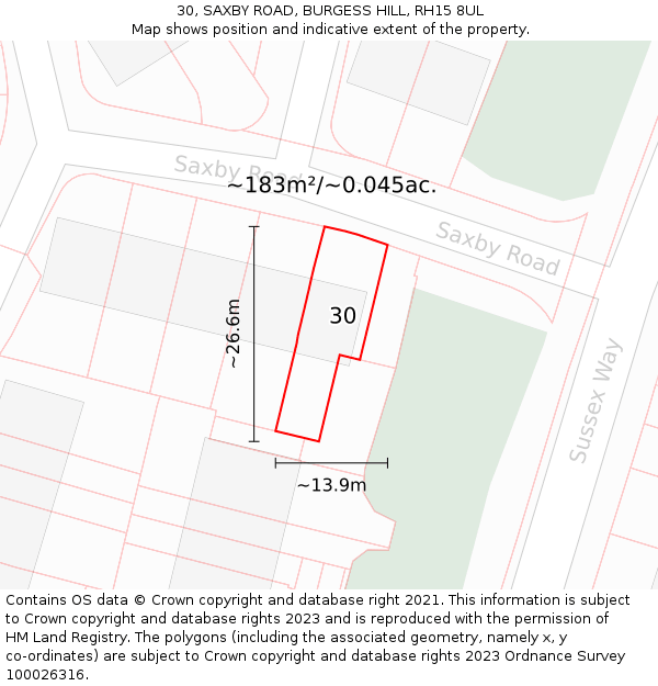 30, SAXBY ROAD, BURGESS HILL, RH15 8UL: Plot and title map