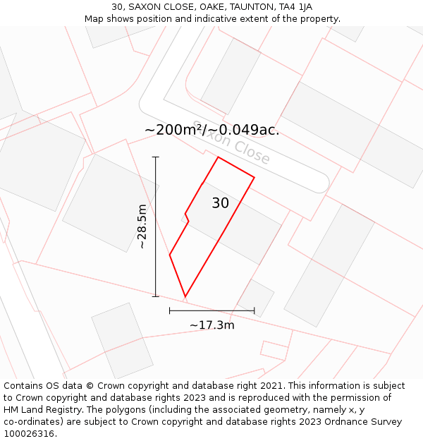 30, SAXON CLOSE, OAKE, TAUNTON, TA4 1JA: Plot and title map