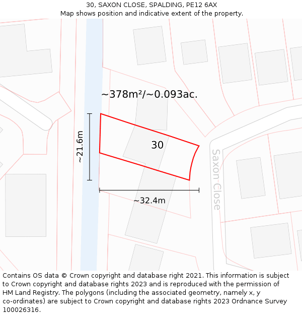 30, SAXON CLOSE, SPALDING, PE12 6AX: Plot and title map