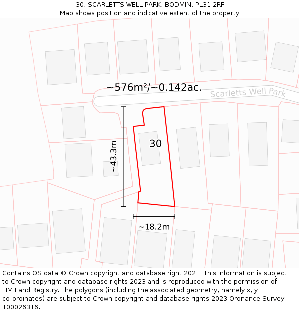 30, SCARLETTS WELL PARK, BODMIN, PL31 2RF: Plot and title map