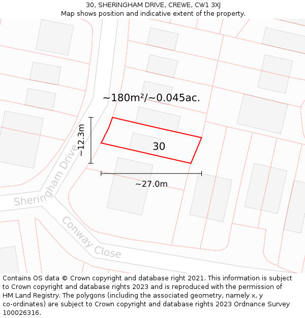 30, SHERINGHAM DRIVE, CREWE, CW1 3XJ: Plot and title map