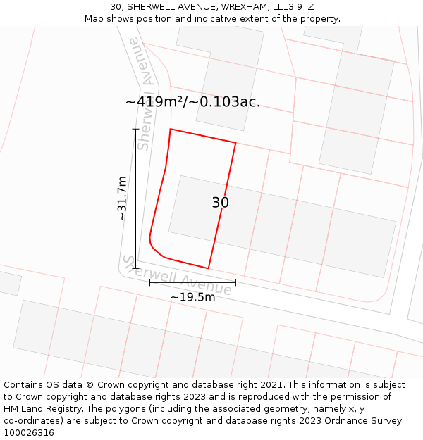 30, SHERWELL AVENUE, WREXHAM, LL13 9TZ: Plot and title map