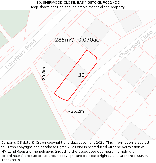 30, SHERWOOD CLOSE, BASINGSTOKE, RG22 4DD: Plot and title map