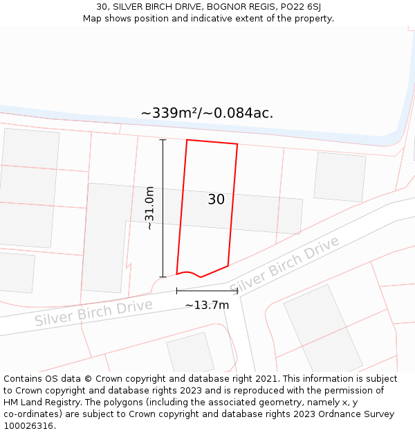 30, SILVER BIRCH DRIVE, BOGNOR REGIS, PO22 6SJ: Plot and title map