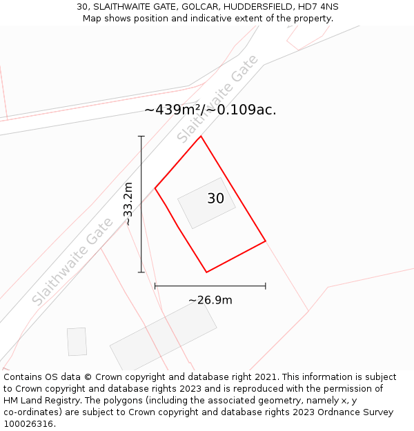 30, SLAITHWAITE GATE, GOLCAR, HUDDERSFIELD, HD7 4NS: Plot and title map