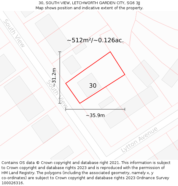 30, SOUTH VIEW, LETCHWORTH GARDEN CITY, SG6 3JJ: Plot and title map