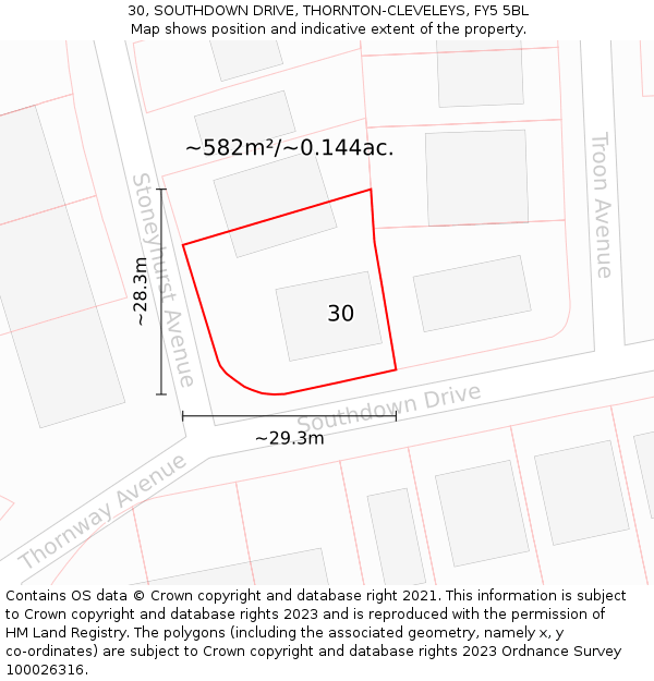 30, SOUTHDOWN DRIVE, THORNTON-CLEVELEYS, FY5 5BL: Plot and title map