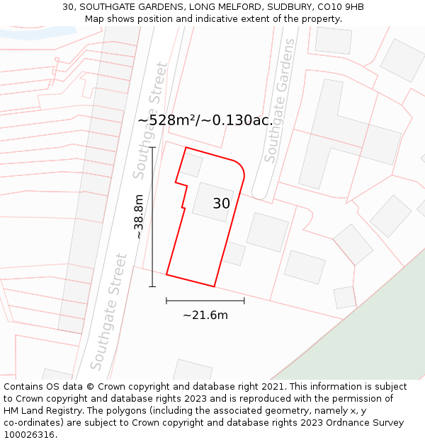 30, SOUTHGATE GARDENS, LONG MELFORD, SUDBURY, CO10 9HB: Plot and title map