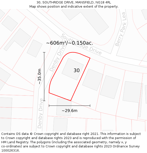 30, SOUTHRIDGE DRIVE, MANSFIELD, NG18 4RL: Plot and title map