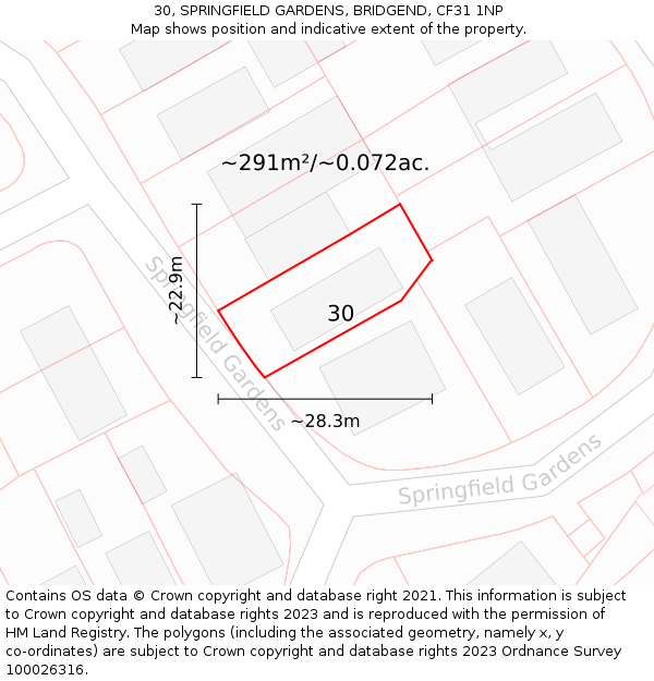 30, SPRINGFIELD GARDENS, BRIDGEND, CF31 1NP: Plot and title map