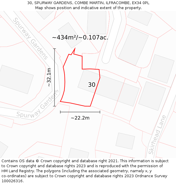 30, SPURWAY GARDENS, COMBE MARTIN, ILFRACOMBE, EX34 0PL: Plot and title map