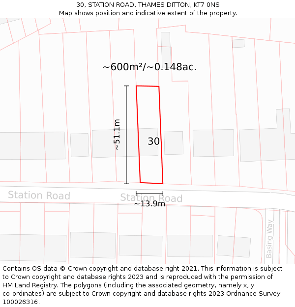 30, STATION ROAD, THAMES DITTON, KT7 0NS: Plot and title map