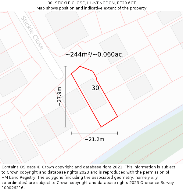 30, STICKLE CLOSE, HUNTINGDON, PE29 6GT: Plot and title map