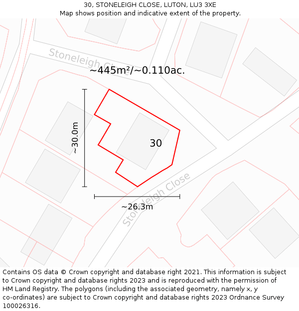 30, STONELEIGH CLOSE, LUTON, LU3 3XE: Plot and title map