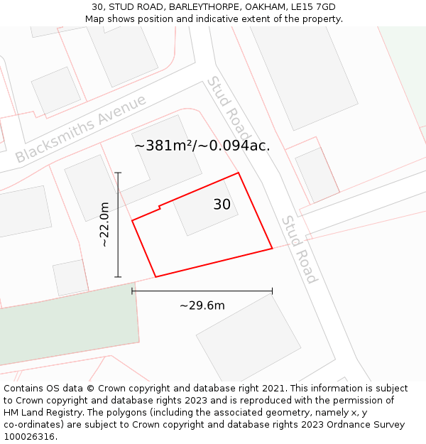 30, STUD ROAD, BARLEYTHORPE, OAKHAM, LE15 7GD: Plot and title map