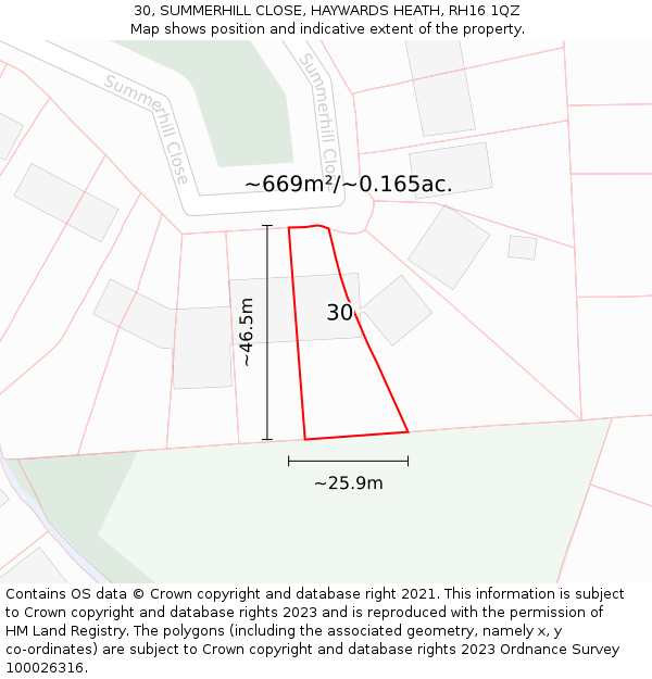 30, SUMMERHILL CLOSE, HAYWARDS HEATH, RH16 1QZ: Plot and title map