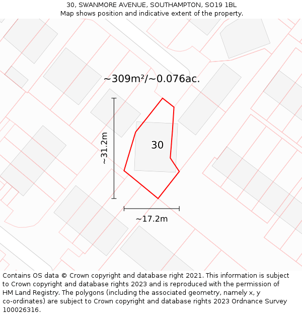 30, SWANMORE AVENUE, SOUTHAMPTON, SO19 1BL: Plot and title map