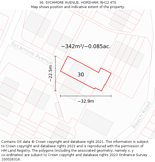 30, SYCAMORE AVENUE, HORSHAM, RH12 4TS: Plot and title map