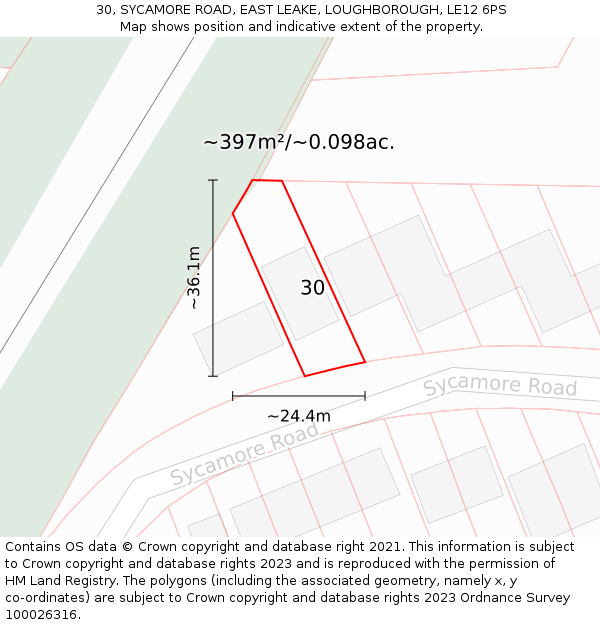 30, SYCAMORE ROAD, EAST LEAKE, LOUGHBOROUGH, LE12 6PS: Plot and title map