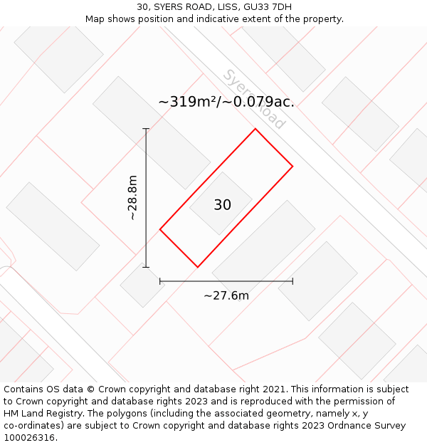 30, SYERS ROAD, LISS, GU33 7DH: Plot and title map