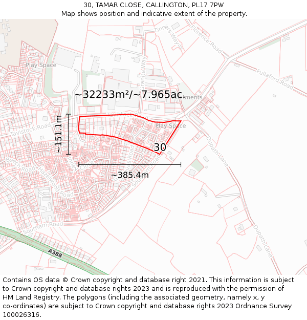 30, TAMAR CLOSE, CALLINGTON, PL17 7PW: Plot and title map