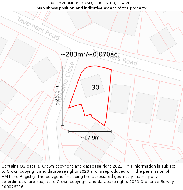 30, TAVERNERS ROAD, LEICESTER, LE4 2HZ: Plot and title map