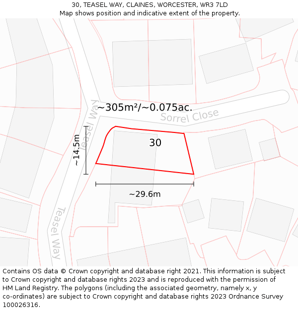 30, TEASEL WAY, CLAINES, WORCESTER, WR3 7LD: Plot and title map