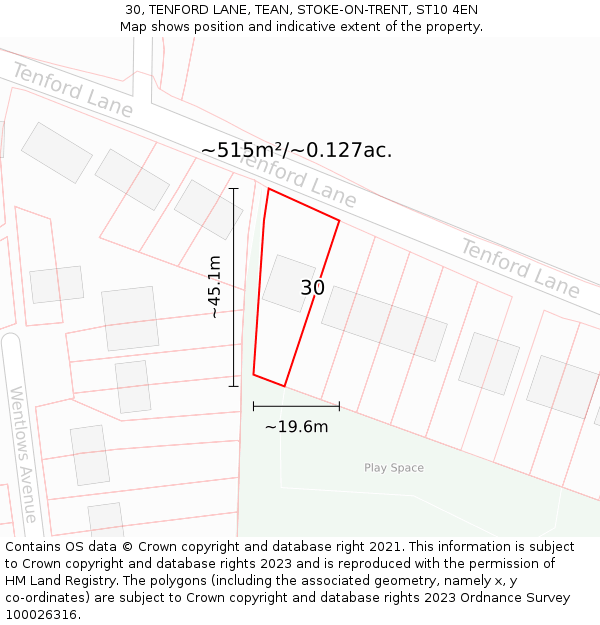 30, TENFORD LANE, TEAN, STOKE-ON-TRENT, ST10 4EN: Plot and title map