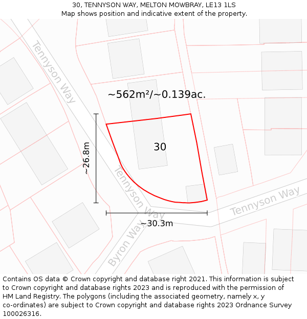 30, TENNYSON WAY, MELTON MOWBRAY, LE13 1LS: Plot and title map