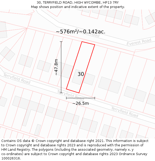 30, TERRYFIELD ROAD, HIGH WYCOMBE, HP13 7RY: Plot and title map