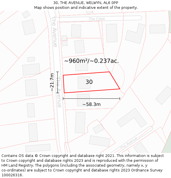 30, THE AVENUE, WELWYN, AL6 0PP: Plot and title map