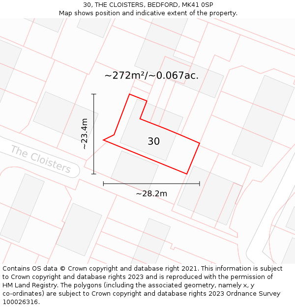 30, THE CLOISTERS, BEDFORD, MK41 0SP: Plot and title map