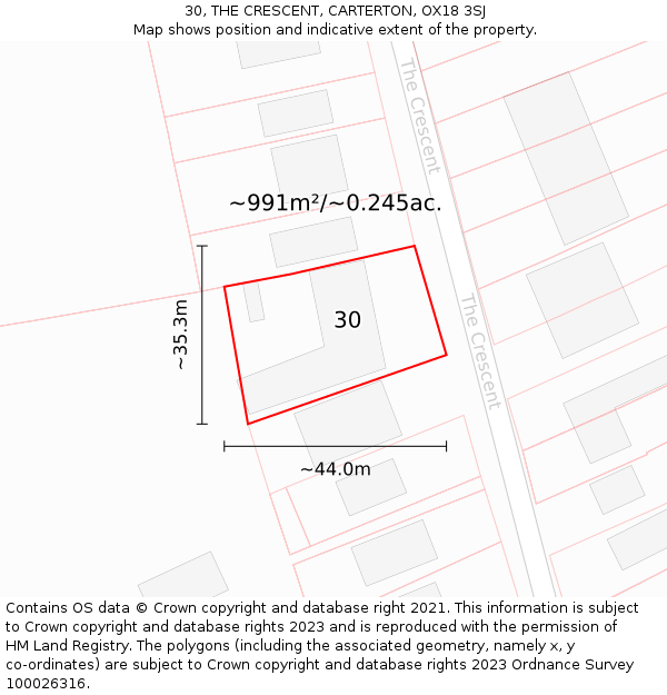 30, THE CRESCENT, CARTERTON, OX18 3SJ: Plot and title map