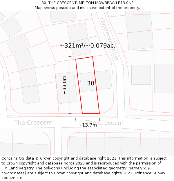 30, THE CRESCENT, MELTON MOWBRAY, LE13 0NF: Plot and title map