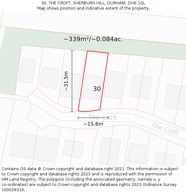 30, THE CROFT, SHERBURN HILL, DURHAM, DH6 1QL: Plot and title map