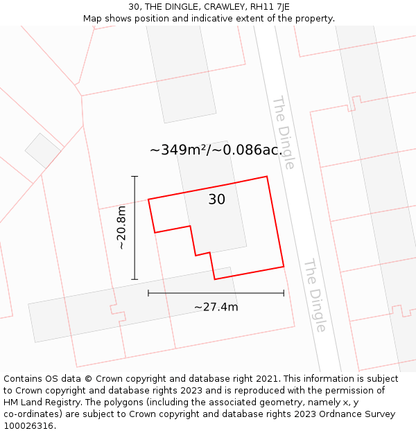 30, THE DINGLE, CRAWLEY, RH11 7JE: Plot and title map