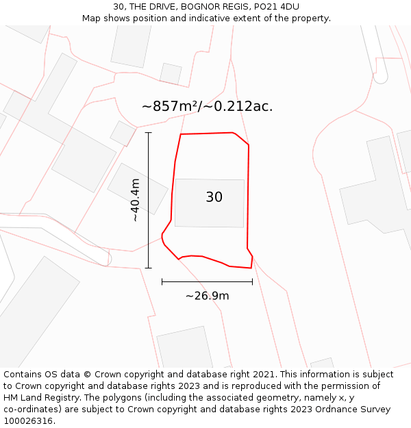 30, THE DRIVE, BOGNOR REGIS, PO21 4DU: Plot and title map