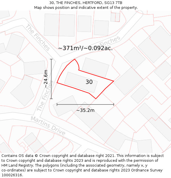 30, THE FINCHES, HERTFORD, SG13 7TB: Plot and title map