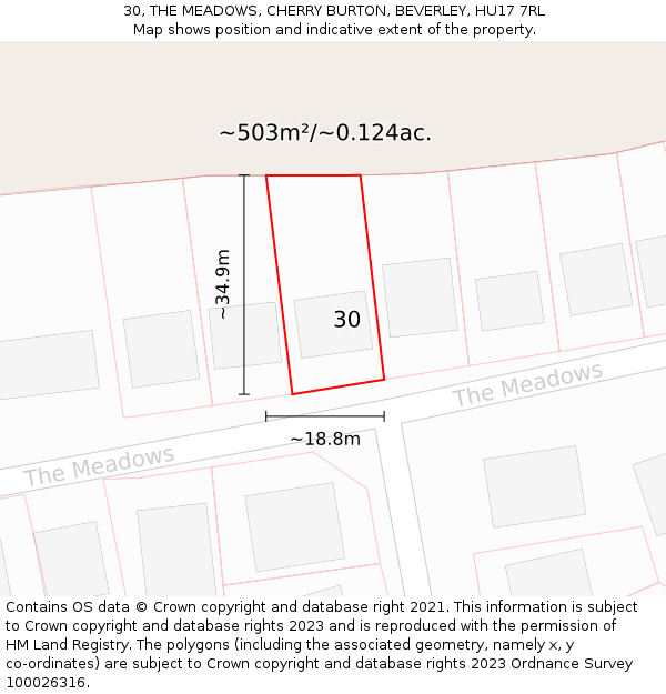 30, THE MEADOWS, CHERRY BURTON, BEVERLEY, HU17 7RL: Plot and title map