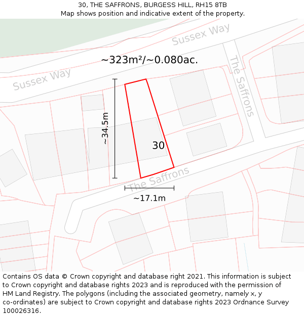 30, THE SAFFRONS, BURGESS HILL, RH15 8TB: Plot and title map